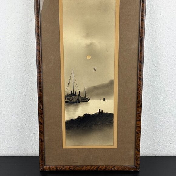 Antique Japanese Landscape Painting Mountain & Boats - Picture 3 of 10